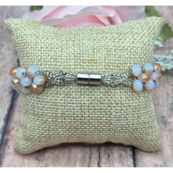 Sparkle Cluster Crystal Magnetic Clasp 7.5" Bracelet Frosted Amber Color Beads - Picture 3 of 11